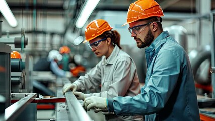 Poster - Workers engaged in assembly tasks in a modern manufacturing facility with high-tech equipment during daylight hours