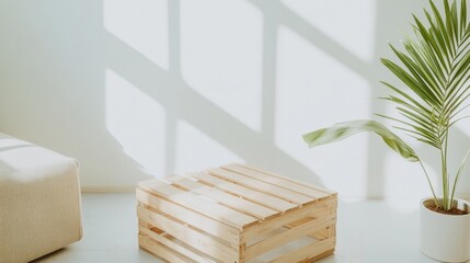 Poster - Scandinavian Minimalist Living Room with Upcycled Coffee Table in Soft Natural Light