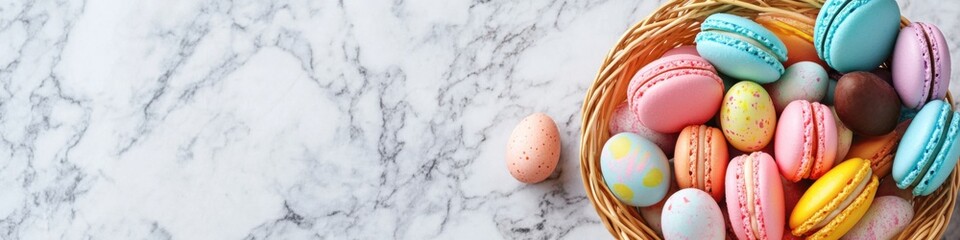 Delightful basket of pastel macarons and chocolate eggs on marble backdrop for spring celebrations