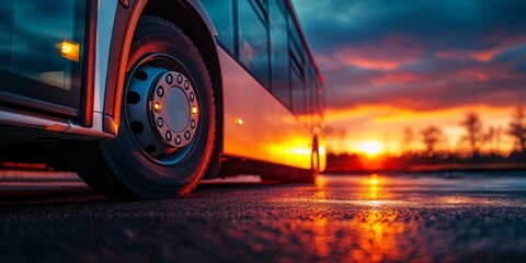 Canvas Print - A close-up shot of a bus wheel at sunset, highlighting the tire and metallic rim against a colorful sky