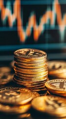 Poster - Golden cryptocurrency coins stacked together with a rising stock market chart in the background, representing a successful and profitable investment in digital assets