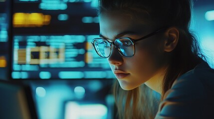 Poster - Young Woman Focused on Coding with Computer Screen in Background