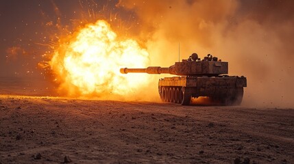 Canvas Print - Tank firing, massive explosion, desert landscape.