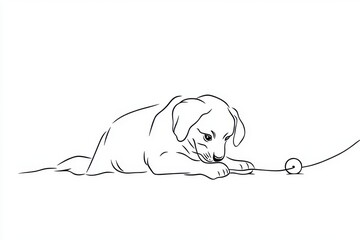 One line drawing of a dog playing with a toy, a simple illustration on a white background Generative AI