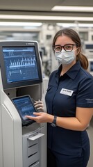 Poster - Close-up view of a man in a blue uniform with a mask using a tablet while working on microchips in a clean room environment