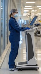Poster - Close-up view of a man in a blue uniform with a mask using a tablet while working on microchips in a clean room environment