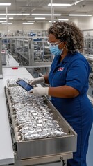 Poster - Close-up view of a man in a blue uniform with a mask using a tablet while working on microchips in a clean room environment