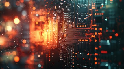 Poster - Close-Up View of Electronic Circuit Board with Glowing Chip Details