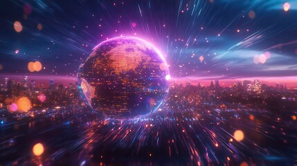 Aufkleber - Glowing Earth above futuristic city at night, illuminated by vibrant light streaks.