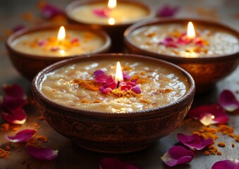 Poster - Festive Indian Dessert Table with Candlelit Sweets and Floral Garnish