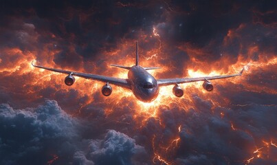 Wall Mural - Airplane engulfed in fiery, stormy clouds.