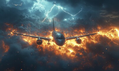 Canvas Print - Burning airplane engulfed in stormy flames.