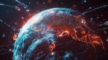 Poster - Rotating 3D Earth with Digital Network Lines and Gigapixel Details