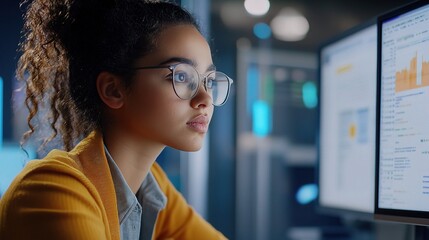 Poster - Focused Young Woman Making Progress on Her Code at Computer