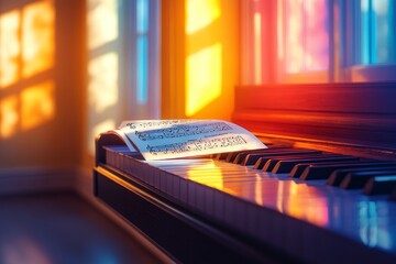 Sticker - A minimalistic view of an open sheet of music resting on a piano keyboard, illuminated by warm sunlight through windows