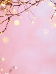 Poster - Minimalist Festive Pink Background with Golden Lights and Evergreen Branches
