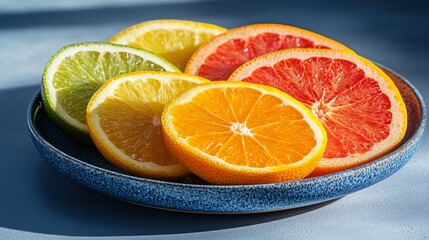 Sticker - A minimalistic arrangement of colorful citrus slices including orange, grapefruit, lemon, and lime on a blue plate