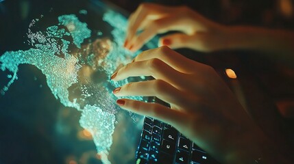 Poster - Double Exposure of Woman's Hands Typing on Laptop with Digital Overlay