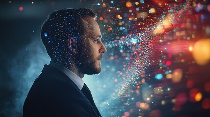Poster - Profile of a Man Surrounded by Colorful Digital Technology Visuals