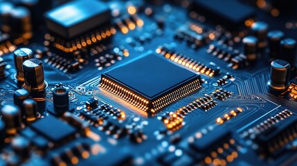 Poster - Intricate Blue Circuit Board with LED Lights and Electronic Components