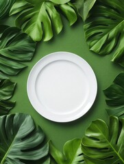 Aufkleber - Tropical Elegance White Plate Surrounded by Lush Green Leaves on Vibrant Background