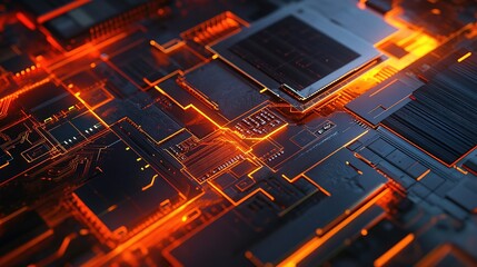 Poster - Integrated Microchip Close-Up with Colorful Circuit Lines