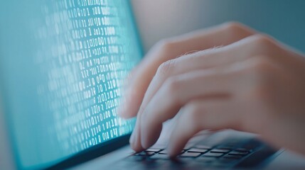 Poster - Hands Typing Secure Password on Laptop Keyboard in Soft Blue Glow – Digital Security Concept