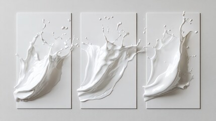 Poster - Triptych of elegant white liquid splashes on white background.