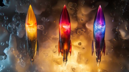 Poster - Three colorful rockets ascending through a smoky, nebula-like background.