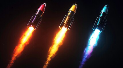 Poster - Three rockets launching into space with vibrant trails.