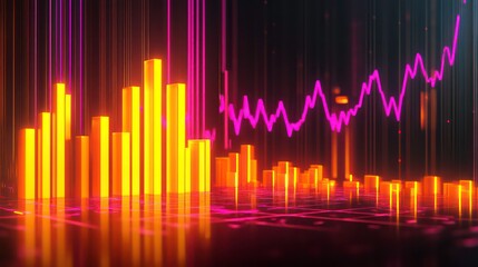Fototapete - Abstract glowing bars and line graph illustrating financial growth, market trends, and data visualization.