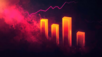 Fototapete - Glowing orange bar graph rises above dark red smoky clouds, illustrating market volatility and financial growth.