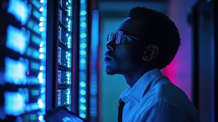 Poster - Side View Portrait of an African American Data Professional in Server Room