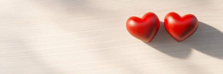 Poster - Two vibrant red hearts resting on a light wooden surface, casting long shadows in gentle natural sunlight, evoke a warm and romantic atmosphere for love celebrations