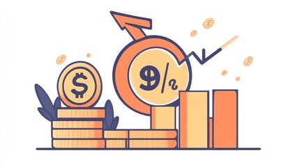 Fototapete - Illustration of financial growth, showing upward trend, coins, and percentage increase.