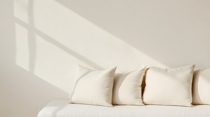 Aufkleber - Minimalism in Minimalism Neutral-Colored Pillows on White Sofa with Sunlit Minimal Decor