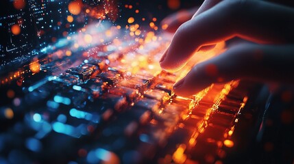 Poster - Close-Up of Hands Typing on a Computer Keyboard with Glowing Effects