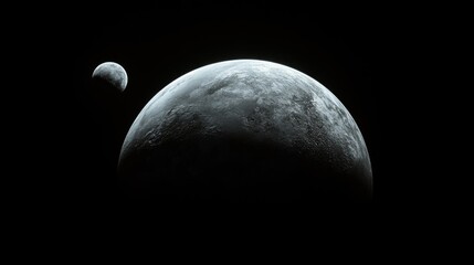 Wall Mural - A planet is prominently displayed with a thick atmosphere, accompanied by a smaller moon set against a vast dark background