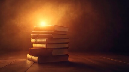 Aufkleber - Stack of old books on wooden surface illuminated by warm light.