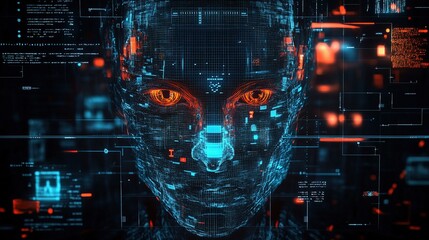 Poster - Futuristic Humanoid Robot Face with AI Elements and Digital Interface