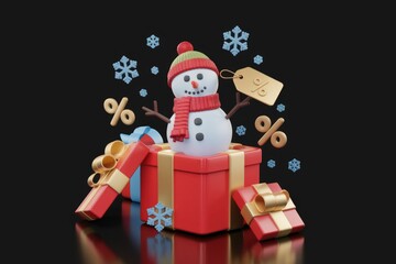 Aufkleber - A cheerful snowman pops out of a Christmas gift box, offering festive discounts.