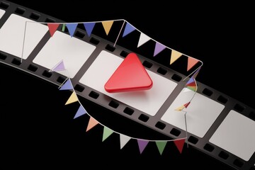 Poster - A red play button rests on a film reel decorated with festive flags, symbolizing the celebration of movies.