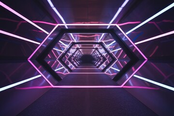 Poster - Neon-lit hexagonal tunnel extending into infinity, creating a mesmerizing futuristic scene.