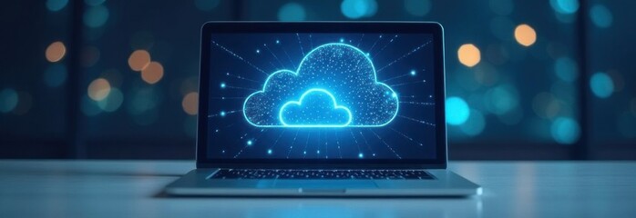 Poster - Cloud computing symbol appearing on laptop screen in blurred background