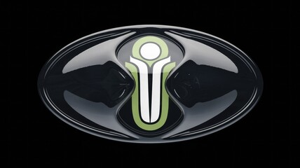 Aufkleber - Abstract glossy black emblem with a stylized human figure symbol in olive green and white.