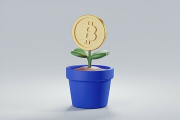 Aufkleber - A golden Bitcoin coin grows as a plant in a blue pot, symbolizing cryptocurrency investment growth.