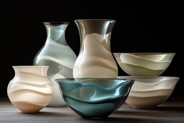 Poster - Elegant glassware featuring a collection of vases and bowls with smooth shapes and soft swirling patterns highlighted against a dark backdrop