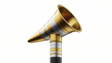 Poster - A gold and silver cone-shaped megaphone on a black stand, announcing a message.