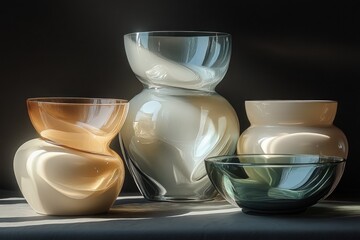 Poster - Various glass vessels of different shapes and colors are arranged together, reflecting warm light and creating a tranquil atmosphere