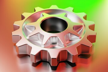 Poster - A metallic gear with a gradient color reflecting light, showcasing intricate details and mechanical precision.